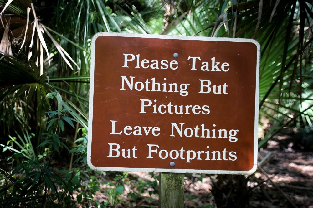Sign in the forest saying 'please take nothing but pictures leave nothing but footprints'
